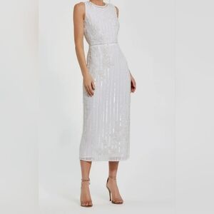 Mac DuggalWhite Striped Floral Embellished Sleeveless Midi Dress size 14